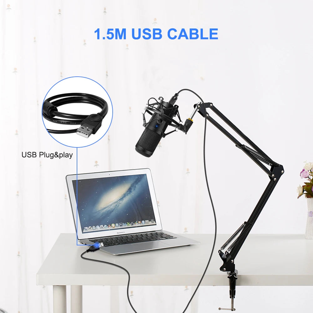 Micrófono USB con soporte y anillo de luz  