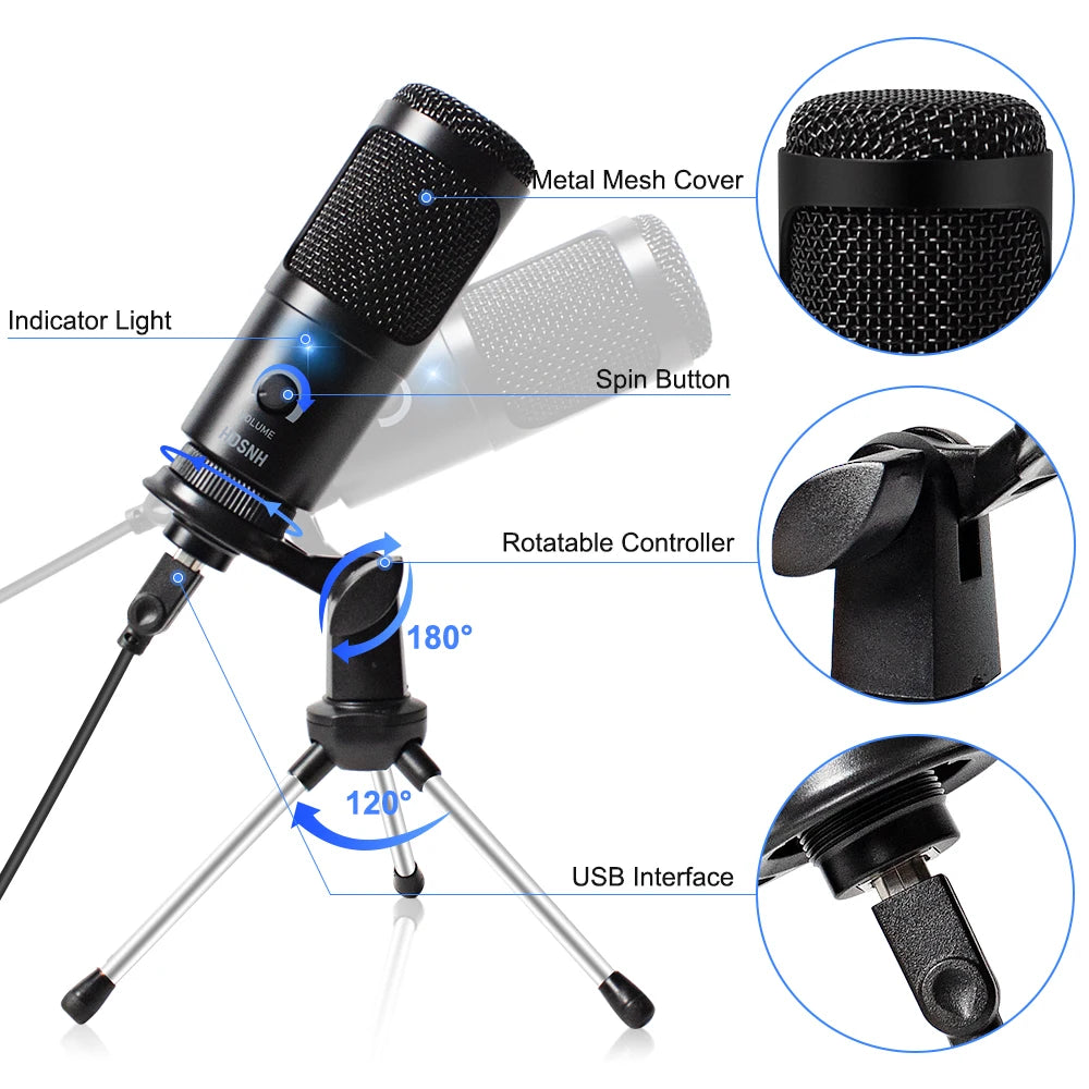 Micrófono USB con soporte y anillo de luz  